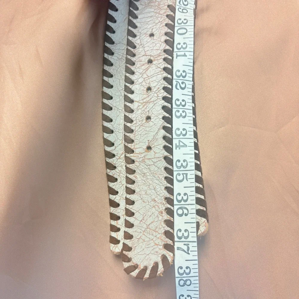 VTG Streets Ahead Wester Wide Waist Belt Women S Cream Leather Whipstitch Stones
